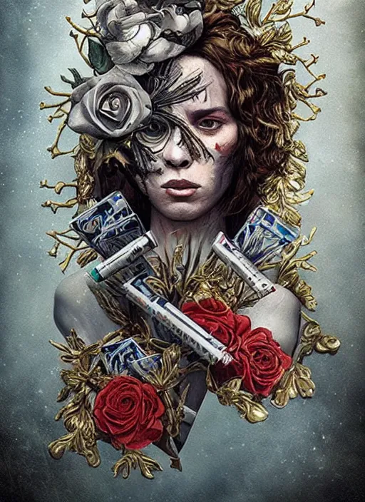 Prompt: tarot card :: horror :: hearts and roses :: aliens and sea :: cigarettes and smoke :: gold and silver :: guns and swords :: highly details :: intricate details :: Sandra Chevrier and bastien lecouffe deharme