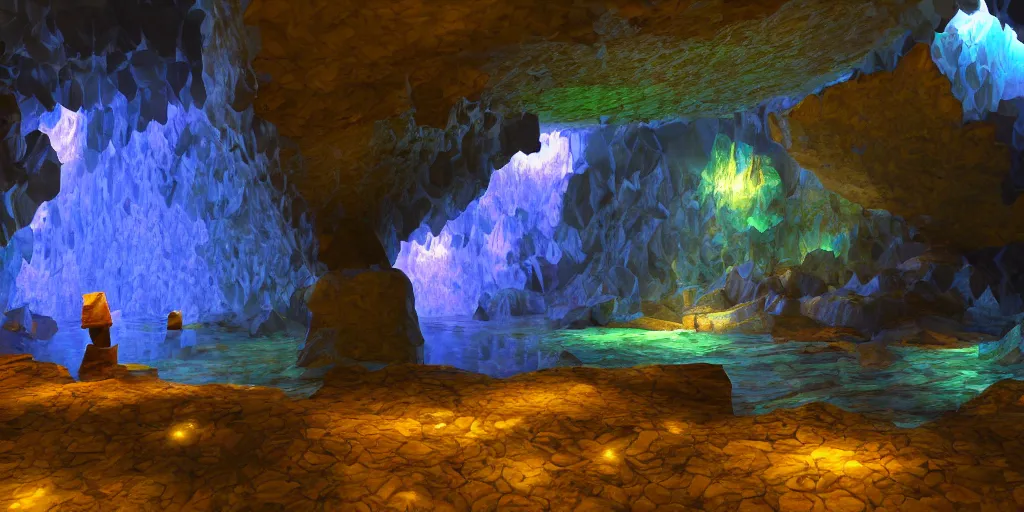Prompt: mystical cavern underground, crystal, vivid, water, puddles, rocky, minerals, volumetric lighting