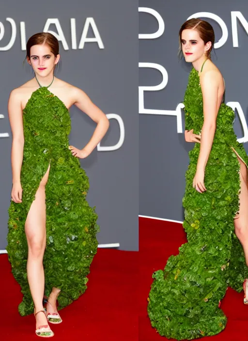 Prompt: emma watson wearing an avocado shaped dress in metagala, standing in the middle of red carpet under spotlight, pentax k 1 0 0 0, ray tracing, professional photomanipulation, fully detailed, dalle 2 style