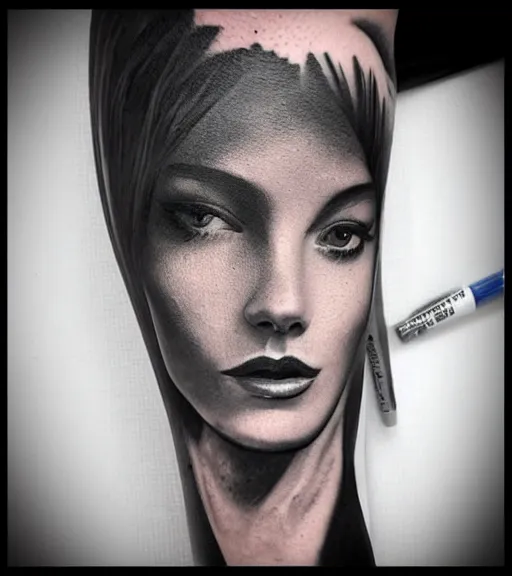 Image similar to tattoo design sketch of a beautiful woman face in front of a background of beautiful mountains, amazing blend effect, hyper - realistic, in the style of matteo pasqualin, amazing detail, black and white