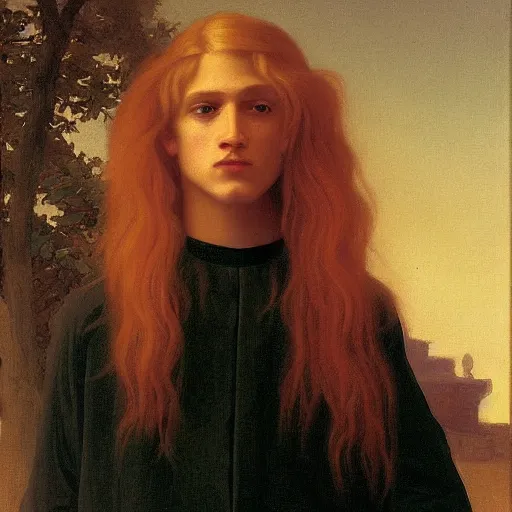 Image similar to PORTRAIT Painting of an albino germanic young androgynous Apollo. LONG CURLY light blond hair. Sharp angular clean shaven face high cheekbones hooked nose. Art by william adolphe bouguereau. During golden hour. Extremely detailed. Beautiful. 4K. Award winning.