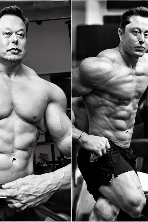 Prompt: Elon Musk is a jacked muscle builder gigachad, grayscale photography