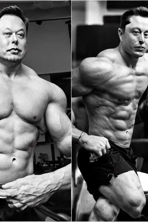 Image similar to Elon Musk is a jacked muscle builder gigachad, grayscale photography