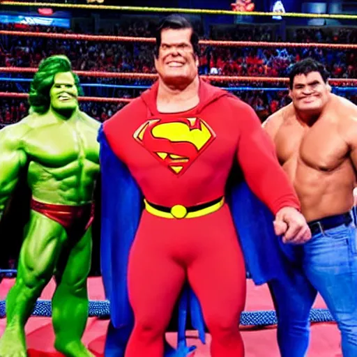 Prompt: supermen and hulk at WWE smacking down Vince McMahon