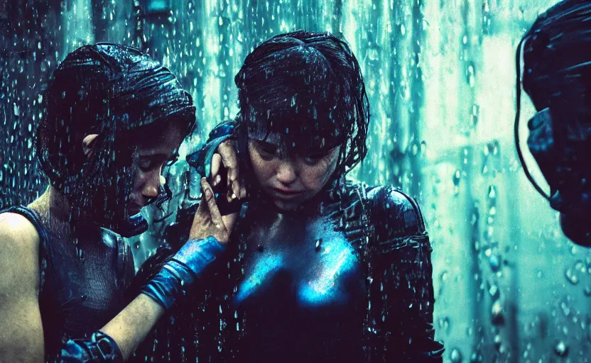 Image similar to cinestill 5 0 d candid photographic portrait by steve mccurry of two loving female androids sobbing wearing rugged black mesh streetwear in treacherous waters, flooded city, medium closeup, retrofuturism cyberpunk moody emotional cinematic, pouring iridescent rain bright spotlight helicopter, 8 k, hd, high resolution, 3 5 mm, f / 3 2, ultra realistic faces, ex machina