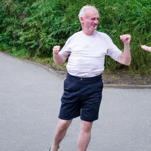 Prompt: a 6 0 - year - old irish / english man with short brown hair and wearing shorts and a dark blue t - shirt, dancing animatedly like a chicken in the kitchen