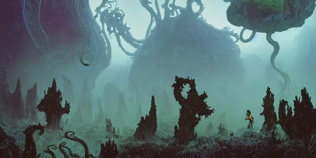 Image similar to highly detailed illustration of a tiny figure standing before an alien cephalopod in a world overgrown with fungus and spores, diffuse lighting, fog, stunning atmosphere, religious imagery, huge gargantuan black sun, nausicaa, muted colors, by roger dean, kilian eng and james jean