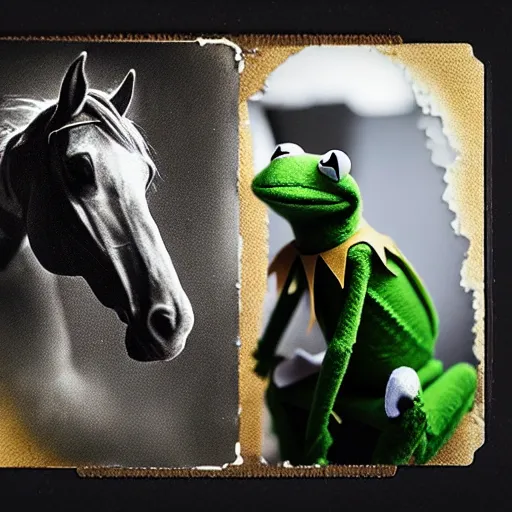 Image similar to kermit the frog on a translucent horse, ghost rider, polaroid photography in style of andrey tarkovski, ominous, mystical, sublime