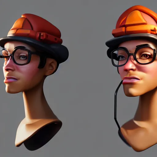 Image similar to 3 d render portrait of engineer from team fortress 2 by valve as a woman, 4 k, 8 k, hd, high resolution, highly detailed, intricate detail, ultra realistic faces, digital art, trending on artstation, team fortress 2