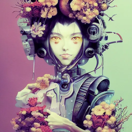 Image similar to surreal gouache painting, by yoshitaka amano, by ruan jia, by conrad roset, by good smile company, detailed anime 3 d render of a female mechanical android head with flowers growing out, portrait, cgsociety, artstation, rococo mechanical costume and grand headpiece, dieselpunk atmosphere