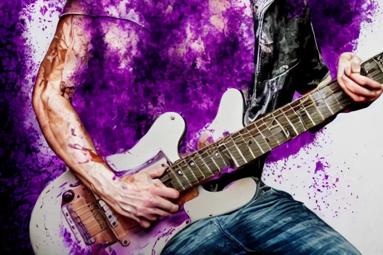 Image similar to dripping purple faded paint across the shape of a male human playing guitar, realistic, high detail, on a white damage background