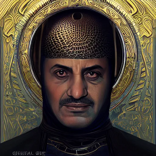 Prompt: mahmoud abbas as dune character, portrait, intricate, elegant, highly detailed, digital painting, artstation, concept art, wallpaper, smooth, sharp focus, illustration, art by h. r. giger and artgerm and greg rutkowski and alphonse mucha
