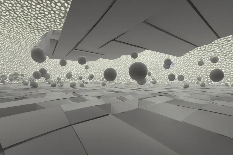 Prompt: a building interior formed by the intersection and fusion of many multi white spherical egg shaped spaces, on the calm lake surface, people's perspective award winning, highly detailed 4 k art, dusk, unreal engine highly rendered, global illumination, radial light, internal environment by kazuyo sejima