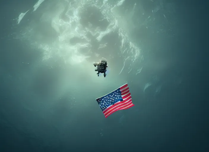 Image similar to astronaut underwater putting a flag on the bottom of the ocean. in the background, a submarine is visible. dark, cinematic, dramatic, blender, photorealistic, octane render, 8 k, volumetric lighting, trending on artstation