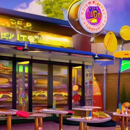 Image similar to burger, splash, burger machine, align art, 3 d render, incredible details, highly detailed, photorealistic, disney pixar, smooth, octane render, iridescent, 8 k