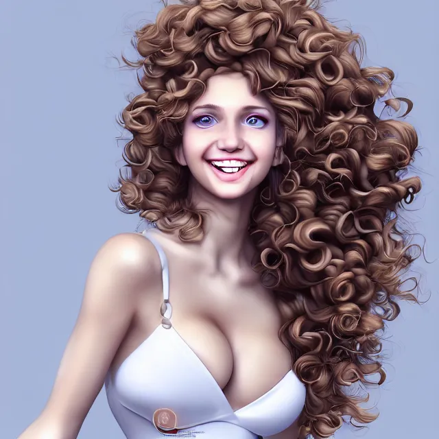 Prompt: professional digital art of a white incredibly !!!!attractive!!!! smiling woman with light brown curly hair blue eyes, front view, facing camera, standing in tight red buxom dress, very attractive, beautiful face, impressive, smiling, Canon 40mm view, HD, 4k, well composed, best on artstation, cgsociety, epic, stunning, gorgeous, intricate detail, wow, masterpiece by Gil Elvgren and Artgrem and Dorian Cleavanger