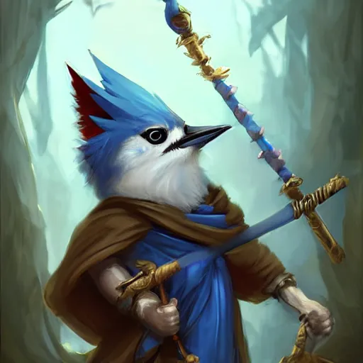 Image similar to cute little anthropomorphic blue jay, wielding a magic staff, tiny, small, short, wizard robe, cute and adorable, pretty, beautiful, dnd character art portrait, matte fantasy painting, deviantart artstation, by jason felix by steve argyle by tyler jacobson by peter mohrbacher, cinema