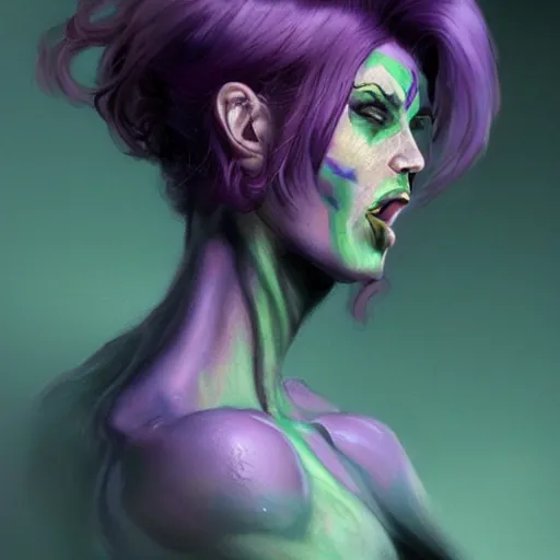 Prompt: a face portrait of a purple haired human woman, with a green tongue, by dorian cleavenger, greg rutkowski, wlop, trending on artstation
