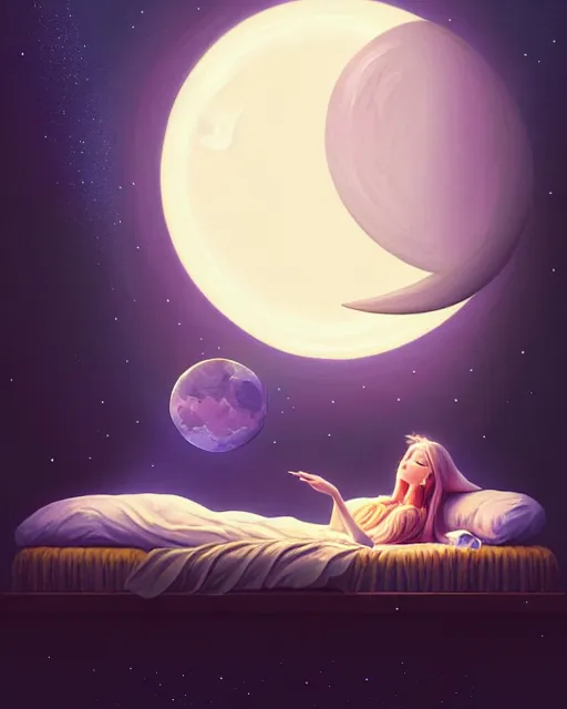 Prompt: beautiful painting of a elven sleeping on her bed with a smiling moon over her, space art, sense of awe, art by mike winkelmann, ross tran, sky night, illustration, highly detailed, simple, smooth and clean vector curves, no jagged lines, vector art, smooth, artstation