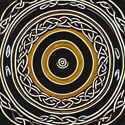 Image similar to ornate twisting three dimensional multilayered celtic pattern vortex inside a hexagonal shape, intricate detail, complex, jade, gold, silver, obsidian