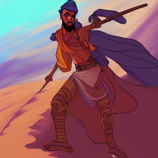 Prompt: bedouin warrior. cursed, wandering the sand dunes in search of oasis. high quality, cartoon, digital painting, by don bluth and ross tran