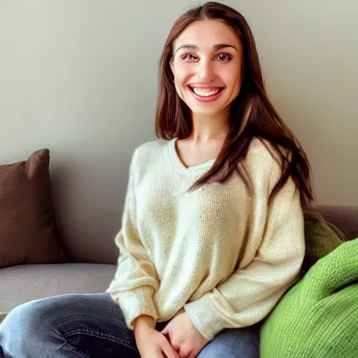 Image similar to a cute young woman smiling, long shiny bronze brown hair, full round face, green eyes, medium skin tone, light cute freckles, smiling softly, wearing casual clothing, relaxing on a modern couch, interior lighting, cozy living room background, medium shot, mid-shot, soft focus