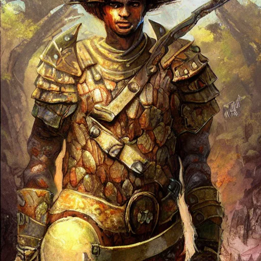 Prompt: full body portrait of a mushroom warrior, by jon foster