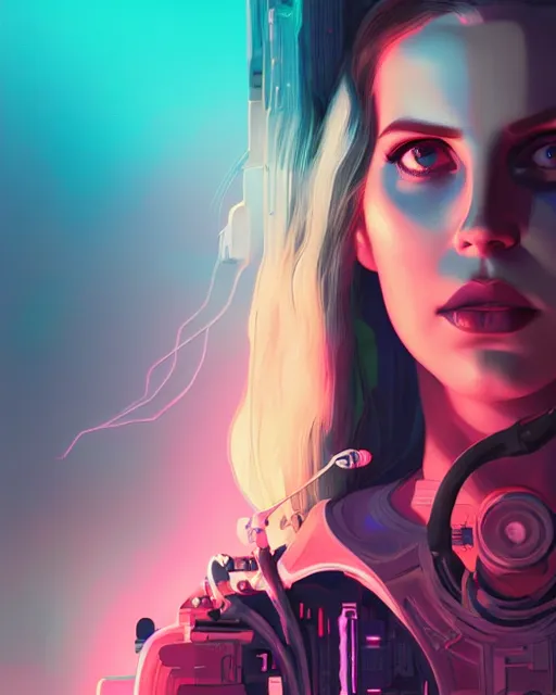 Image similar to portrait of lana del rey as a cyborg. intricate abstract. intricate artwork cyberpunk by tooth wu, wlop, beeple, dan mumford. octane render, trending on artstation, greg rutkowski ruan jia very coherent symmetrical artwork. cinematic, hyper realism, high detail, octane render, 8 k, key art, blue and pink iridescent accents