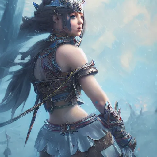 Prompt: Epic Fantasy princess warrior, highly detailed painting, 4K 8k Trending on ArtStation Cgsociety Octane render Unreal engine Concept art hq hd Matte painting, In the style of Ross tran, wlop, arcane, riot games,
