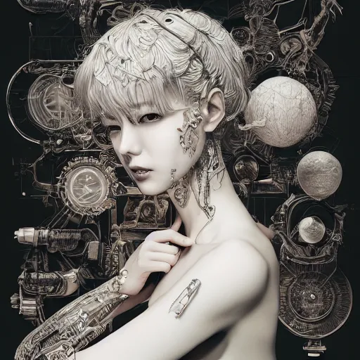 Prompt: the portrait of an absurdly beautiful, graceful, elegant, sophisticated, fashionable cyberpunk gravure idol, an ultrafine hyperdetailed illustration by kim jung gi, irakli nadar, takato yamamoto, intricate linework, neon colors, porcelain skin, unreal engine 5 highly rendered, global illumination, radiant light, detailed and intricate environment