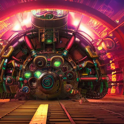 Prompt: album art, tripmachine, album is called tripmachine, photo of a huge futuristic dieselpunk generator inside a steampunk machinery, 8 k, fluorescent colors, halluzinogenic, multicolored, exaggerated detailed, front shot, 3 d render, octane