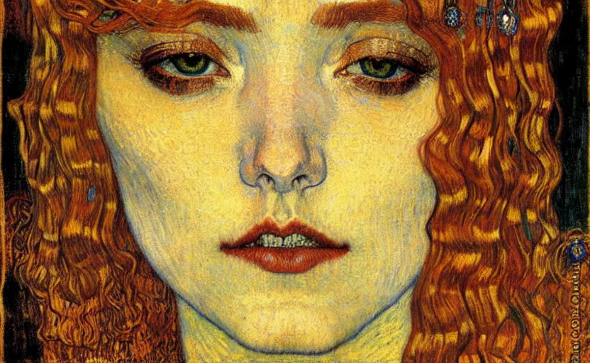 Image similar to detailed realistic beautiful young medieval queen face portrait by jean delville, gustav klimt and vincent van gogh, art nouveau, symbolist, visionary, gothic, pre - raphaelite, muted earthy colors, desaturated