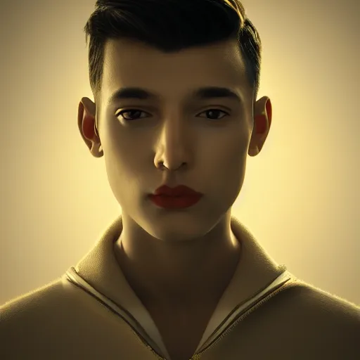 Image similar to boy in innovative avant-garde art, deco fashion, minimalistic theme, highly detailed, photorealistic portrait, golden hour, crisp quality and light reflections, unreal engine 5 quality render