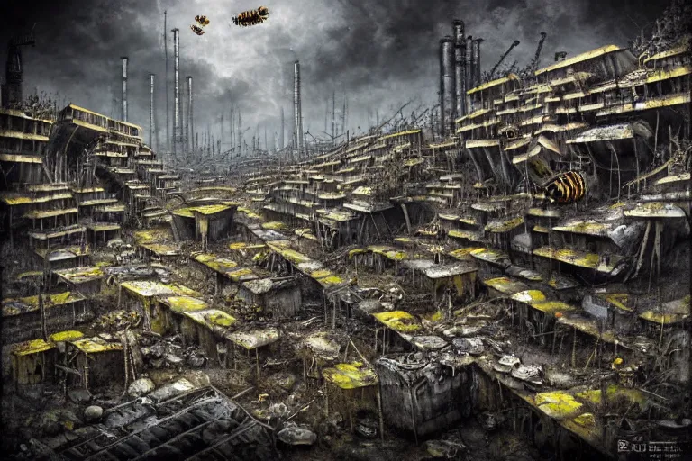 Prompt: gothic river favela honeybee hive, brutalist environment, industrial factory, apocalyptic, somber, award winning art, epic dreamlike fantasy landscape, ultra realistic,