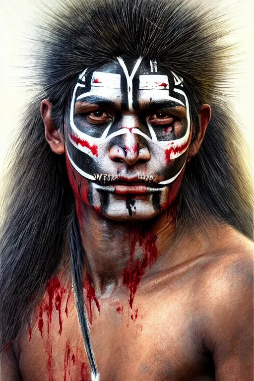 Prompt: head and shoulders portrait of a tupi guarani warrior, male, blood, indigenous war face painting, high fantasy, dnd, by wlop, luis royo, artgerm