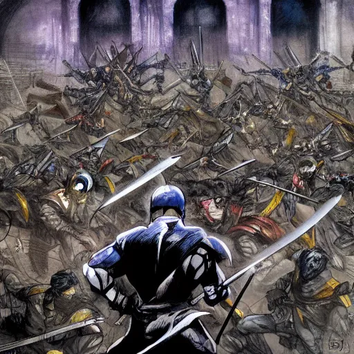 Image similar to one hero with sword looking at army of swordsmen in the background, in the middle of an arena, crowd of people, pencil art, straight, clear, added detail, high definiton, colored, backfacing, by yoji shinkawa