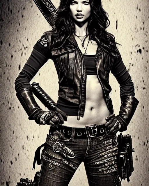 Image similar to Adriana Lima in sons of anarchy tv show, wearing leather , D&D style , highly detailed, digital art, trending on artstation, smooth, sharp focus, illustration, art by artgem and ROBERT HYNES