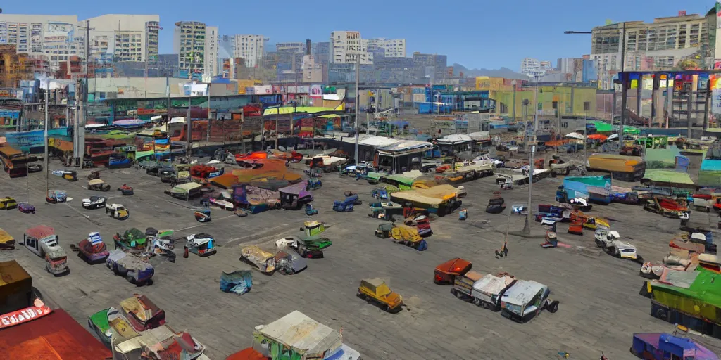 Prompt: market la terminal in guatemala city if it was a game like grand theft auto v first person view, with realistic visuals and award winning gameplay, graffitis
