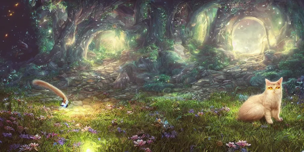 Image similar to final fantasy visual of a cat in a magical fantasy garden at night, moonlight, fireflies glowing, lofi feel, magical, highly detailed, digital art, artstation, smooth, hard focus, illustration, art by artgerm - in the style of final fantasy and studio ghibli