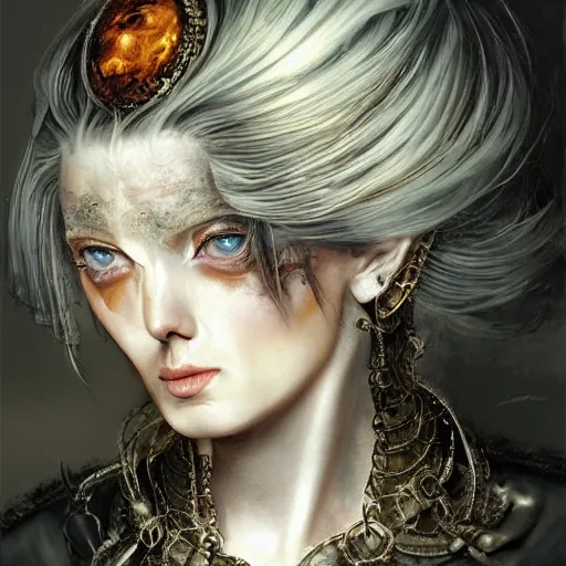 Image similar to portrait, headshot, insanely nice professional hair style, dramatic hair color, digital painting, of a old 17th century, old cyborg merchant, amber jewels, baroque, ornate clothing, scifi, realistic, hyperdetailed, chiaroscuro, concept art, art by Franz Hals and Jon Foster and Ayami Kojima and Amano and Karol Bak,