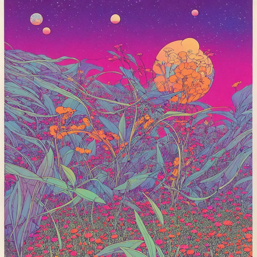 Prompt: ( ( ( ( beautiful flowers in a strange planet ) ) ) ) by mœbius!!!!!!!!!!!!!!!!!!!!!!!!!!!, overdetailed art, colorful, artistic record jacket design