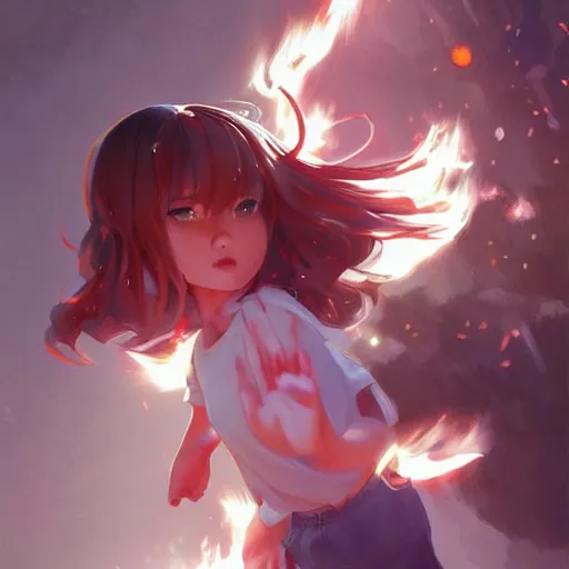 Image similar to Full body, splash art by WLOP, Ilya kuvshinov, Krenz Cushart, and Greg Rutkowski, trending on artstation. Realistic fantasy cute Latina Pixar-style young girl, expressing joy, silky hair, wearing a red-sleeved white t-shirt with jeans, she has fire powers, her hair glows super glowy fire, Cinematic dramatic atmosphere of a mystic forest, sharp focus, soft volumetric studio lighting.