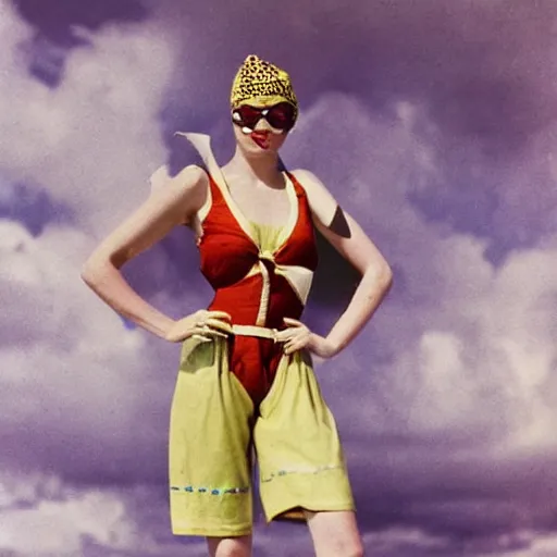 Image similar to a vintage 1 9 4 0 s kodachrome photograph of a avent - gard fashion haute couture collection swimming outfit ensemble inspired by the norse god, freyja.