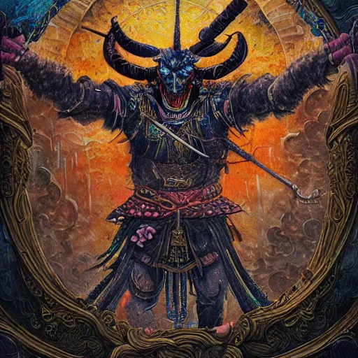 Prompt: rainbow paper + tarot card + Giant Muscular Baphomet wearing Samurai outfit, vintage detailed fantasy illustration painted by Dan Witz, Artgerm, Eldritch, John Howe + intricate ink illustration, ornate, highly detailed + digital painting + 4k + HDR + concept art, smooth, sharp focus, psychedelic black light style + symmetry + bloodborne