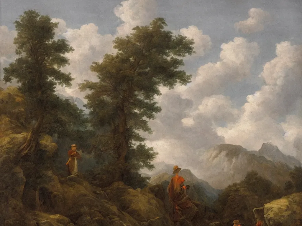 Image similar to a man in a grey cloak and brimmed hat with a staff travelling trough the mountains with trees in the style of neo-romanticism, very detailed, colorful, oil painting, clouds