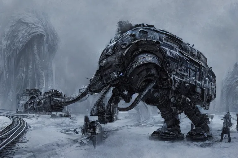 Image similar to an intricate futuristic black steam train and a giant mammoth, post - apocalyptic ice landscape in snowstorm, concept art, artstation, highly detailed, digital art