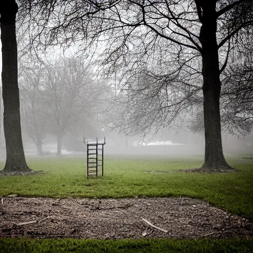 Image similar to an old abandoned children's playground, in a dismal city park, in a town filled with pale yellow mist. Dystopian. Award-winning photo. Sigma 40mm f/1.4 DG HSM