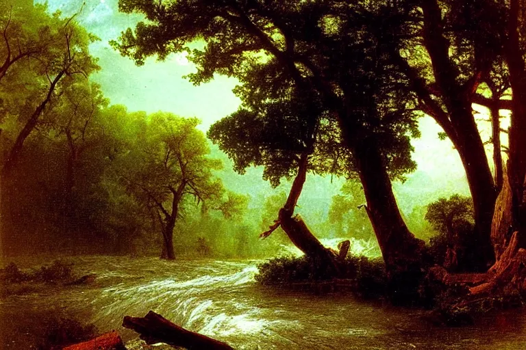 Image similar to oil painting of a detailed old tree next to a raging river by albert bierstadt