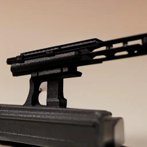 Image similar to an hd photograph, of a completely 3 d printed rail gun. 5 0 mm lens, f 1. 8.