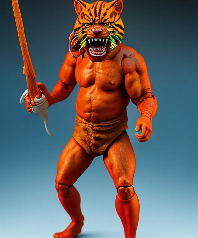 Prompt: hyperrealistic rendering, thundercat, by art of skinner and richard corben and jeff easley, product photography, action figure, sofubi, studio lighting, colored gels
